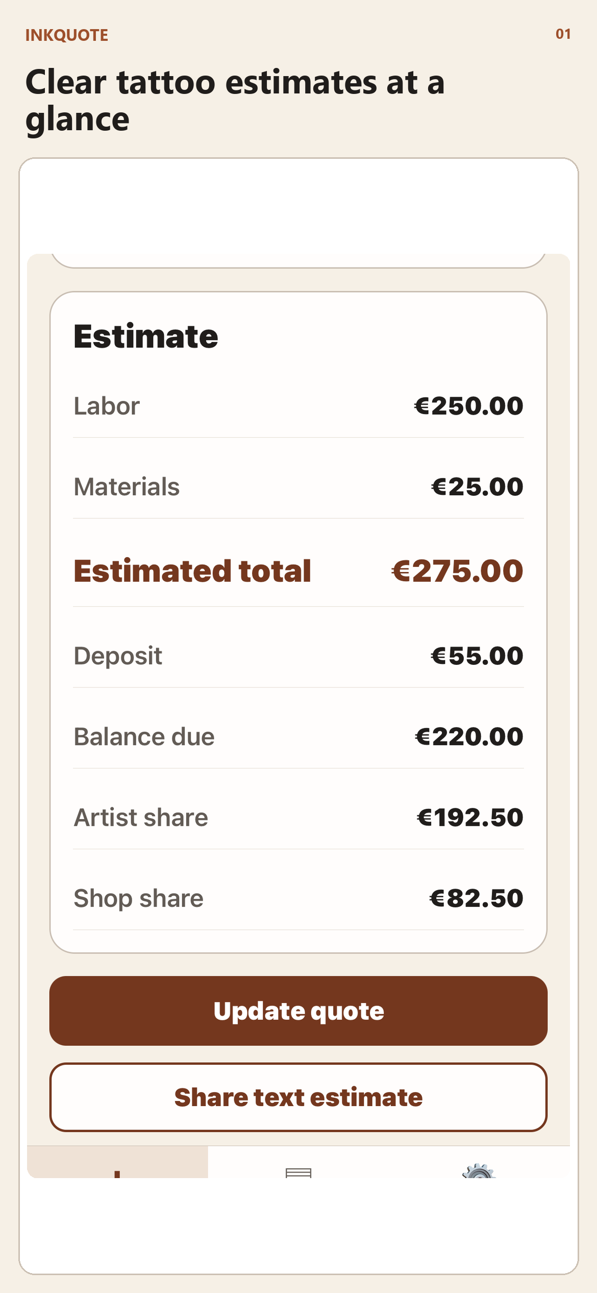 InkQuote estimate showing total, deposit, balance, artist share, and shop share