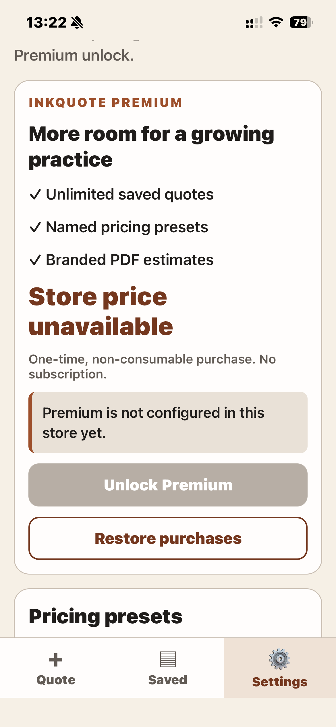 InkQuote Premium screen showing its one-time unlock benefits
